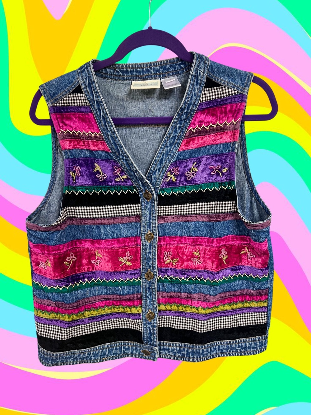 Vtg Susan Bristol rainbow striped floral denim vest